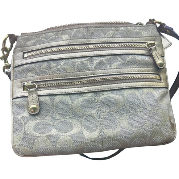 Coach Signature Stripe Metallic Crossbody Bag Gold Jacquard Lime Lining - Picture 9 of 16